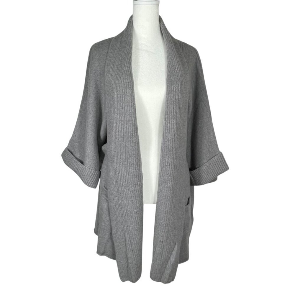 Poetry 100% Cashmere Open Front Cardigan Sweater Gray Knit Pocket Cocoon Wrap L View 2